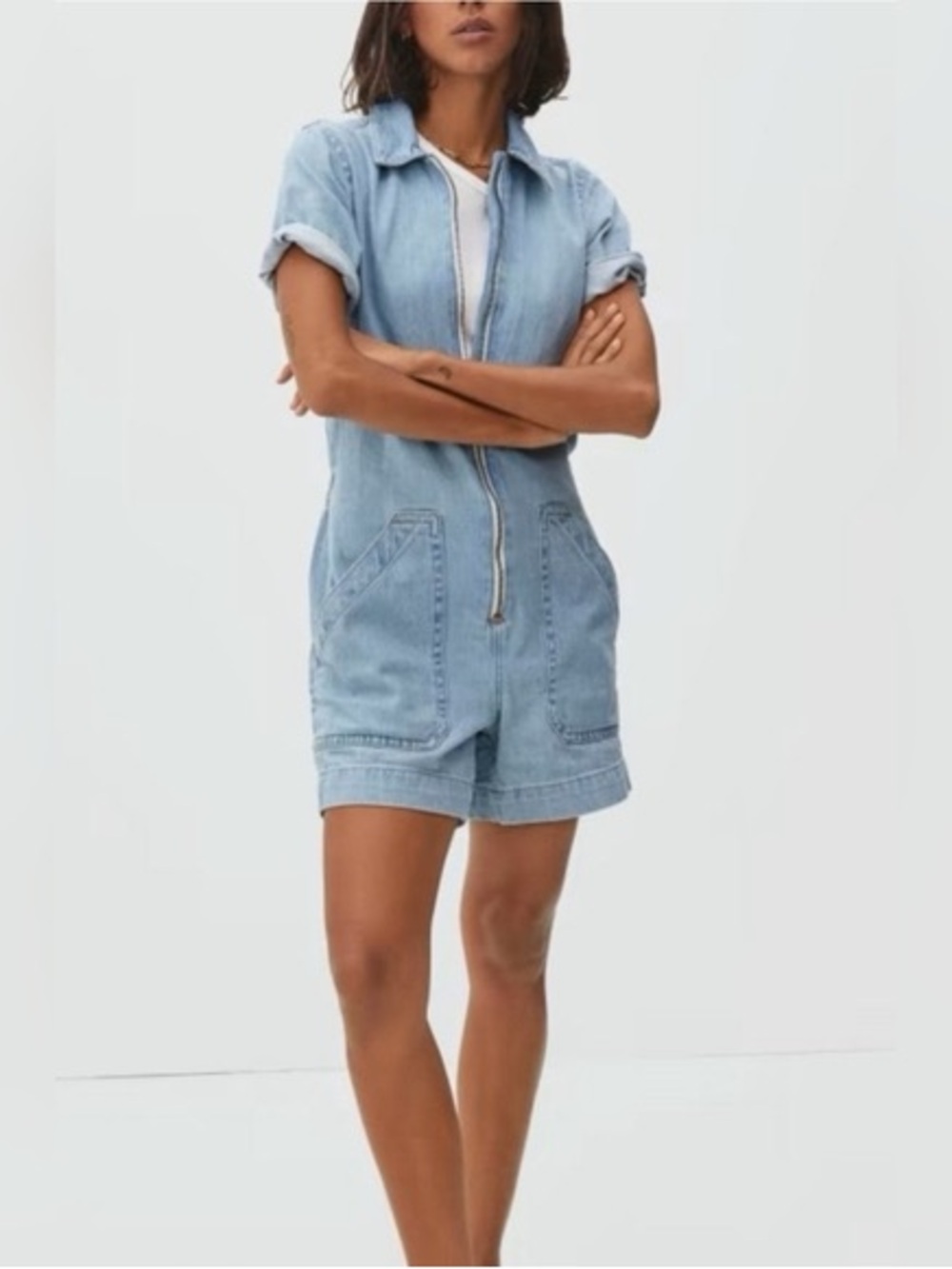 Everlane organic cotton short denim romper zip up light wash size 2